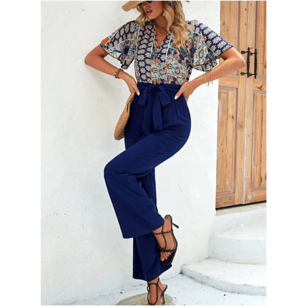 NWOT SHEIN Holidaya Graphic Print Butterfly Sleeve Belted Jumpsuit